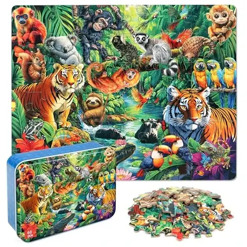 LELEMON 4-6 yoshdagi bolalar uchun jumboqlar, Jungle Puzzle 60 dona Bolalar uchun metall qutidagi jumboqlar, Bolalar uchun ta'limiy jumboqlar Boshqotirma o'yinlari Qizlar va o'g'il bolalar uchun jumboq o'yinchoqlar - LELEMON