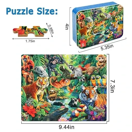 LELEMON 4-6 yoshdagi bolalar uchun jumboqlar, Jungle Puzzle 60 dona Bolalar uchun metall qutidagi jumboqlar, Bolalar uchun ta'limiy jumboqlar Boshqotirma o'yinlari Qizlar va o'g'il bolalar uchun jumboq o'yinchoqlar - LELEMON (1)