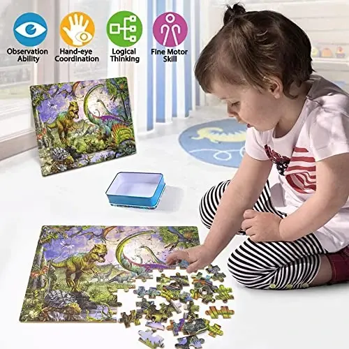 LELEMON Puzzles for Kids Ages 4-6,100 Piece Puzzles for Kids in Metal Box | Dinosaur Educational Kids Puzzles Jigsaw Puzzles,Children 100 Piece Puzzle Games Puzzle Toys for Girls and Boys - 3