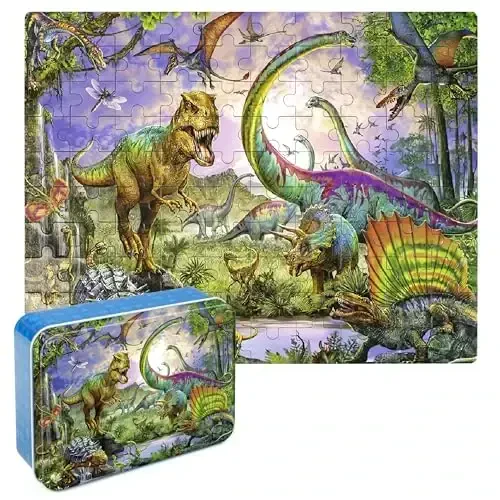 LELEMON 4-8 yoshdagi bolalar uchun boshqotirmalar, bolalar uchun dinozavr 100 dona boshqotirmalar, bolalar uchun ta'limiy boshqotirmalar Metall qutidagi jigsaw boshqotirmalar, qizlar va o'g'il bolalar uchun 100 dona boshqotirma o'yinlari boshqotirma o'yinchoqlar - 1