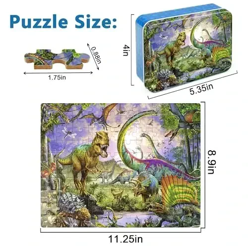 LELEMON 4-8 yoshdagi bolalar uchun boshqotirmalar, bolalar uchun dinozavr 100 dona boshqotirmalar, bolalar uchun ta'limiy boshqotirmalar Metall qutidagi jigsaw boshqotirmalar, qizlar va o'g'il bolalar uchun 100 dona boshqotirma o'yinlari boshqotirma o'yinchoqlar - 2
