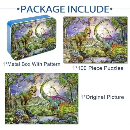 LELEMON 4-8 yoshdagi bolalar uchun boshqotirmalar, bolalar uchun dinozavr 100 dona boshqotirmalar, bolalar uchun ta'limiy boshqotirmalar Metall qutidagi jigsaw boshqotirmalar, qizlar va o'g'il bolalar uchun 100 dona boshqotirma o'yinlari boshqotirma o'yinchoqlar - 7