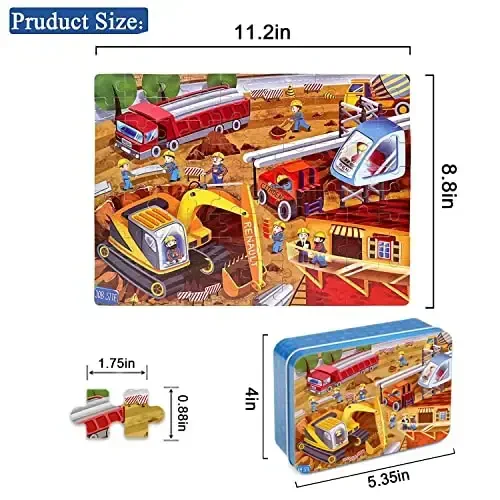 LELEMON 4-8 yoshdagi bolalar uchun Jigsaw Puzzles, Qurilish maydonchasi jumboqlari Metall qutidagi 100 dona, Maktabgacha yoshdagi bolalar uchun 100 dona jumboq, 4-8 yoshdagi bolalar uchun ta'limiy jumboqlar, O'g'il va qizlar uchun jumboq o'yini - LELEMON (1)