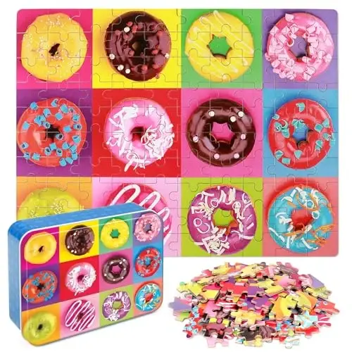 LELEMON 4-8 yoshdagi bolalar uchun mo'ljallangan boshqotirmalar, Donut Puzzle 100 dona bolalar uchun boshqotirmalar 4-6 yosh, metall qutidagi ta'limiy jigsaw boshqotirmalar 100 dona boshqotirma o'yinlari qizlar va o'g'il bolalar uchun o'yinchoqlar - 1