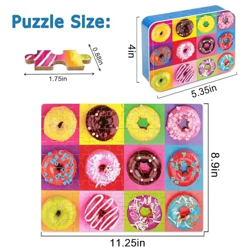 LELEMON 4-8 yoshdagi bolalar uchun mo'ljallangan boshqotirmalar, Donut Puzzle 100 dona bolalar uchun boshqotirmalar 4-6 yosh, metall qutidagi ta'limiy jigsaw boshqotirmalar 100 dona boshqotirma o'yinlari qizlar va o'g'il bolalar uchun o'yinchoqlar - 2