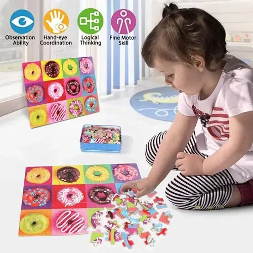 LELEMON 4-8 yoshdagi bolalar uchun mo'ljallangan boshqotirmalar, Donut Puzzle 100 dona bolalar uchun boshqotirmalar 4-6 yosh, metall qutidagi ta'limiy jigsaw boshqotirmalar 100 dona boshqotirma o'yinlari qizlar va o'g'il bolalar uchun o'yinchoqlar - 3