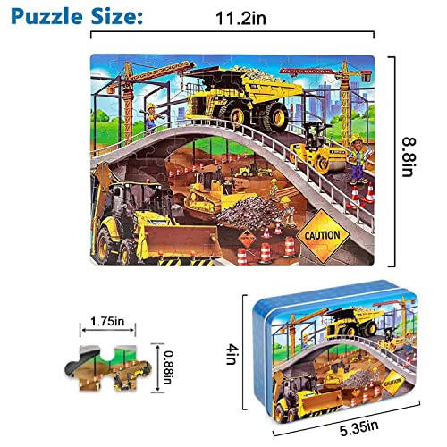 LELEMON Puzzles for Kids Ages 4-8,Construction Site 100 Piece Puzzles for Kids,Educational Kids Puzzles Jigsaw Puzzles in a Metal Box,Children 100 Piece Puzzle Games Puzzle Toys for Girls and Boys | Construction Site Kids Puzzles Jigsaw Puzzles for K - 2