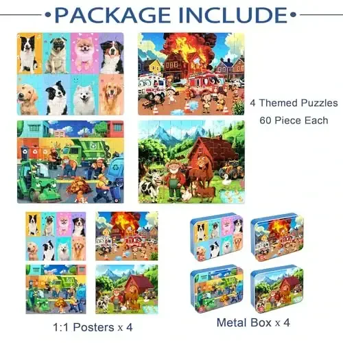 LELEMON Puzzles for Kids Ages 4-6,4-Pack Dogs Fire Fighting Garbage Truck Farm 60 Piece Puzzles for Kids Ages 4-8 in a Metal Box,Educational Jigsaw Puzzles Puzzle Games Puzzle Toys for Girls and Boys - 7