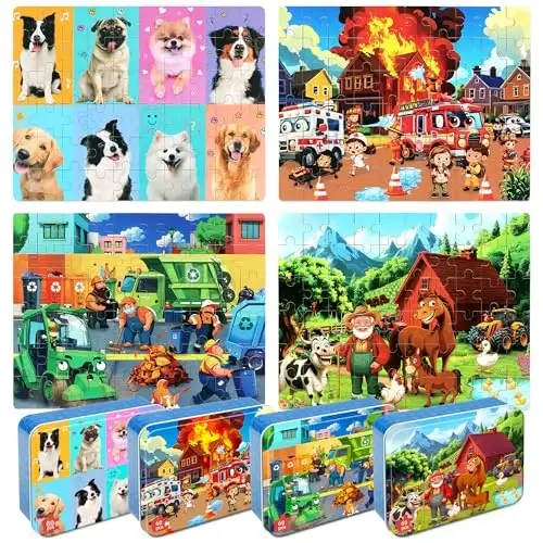LELEMON Puzzles for Kids Ages 4-6,4-Pack Dogs Fire Fighting Garbage Truck Farm 60 Piece Puzzles for Kids Ages 4-8 in a Metal Box,Educational Jigsaw Puzzles Puzzle Games Puzzle Toys for Girls and Boys - 1