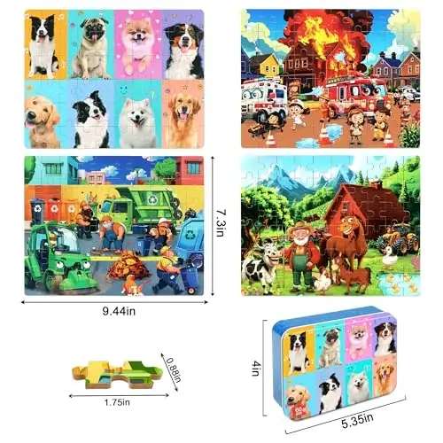 LELEMON Puzzles for Kids Ages 4-6,4-Pack Dogs Fire Fighting Garbage Truck Farm 60 Piece Puzzles for Kids Ages 4-8 in a Metal Box,Educational Jigsaw Puzzles Puzzle Games Puzzle Toys for Girls and Boys - 2