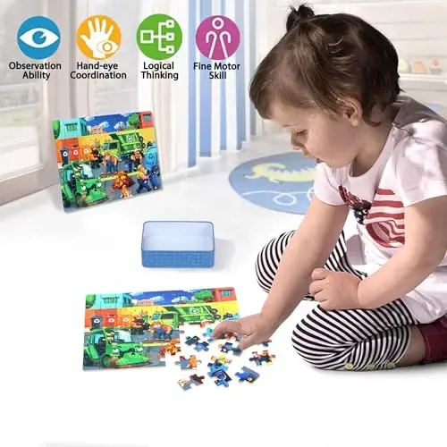LELEMON Puzzles for Kids Ages 4-6,4-Pack Dogs Fire Fighting Garbage Truck Farm 60 Piece Puzzles for Kids Ages 4-8 in a Metal Box,Educational Jigsaw Puzzles Puzzle Games Puzzle Toys for Girls and Boys - 3