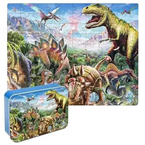 LELEMON Puzzles for Kids Ages 4-8,Tyrannosaurus 100 Piece Puzzles for Kids,Educational Kids Puzzles Ages 6-8 Jigsaw Puzzles in a Metal Box,Dinosaur Puzzles for Kids Ages 5-8 Cool Puzzle Games Toys 