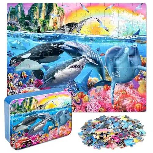 LELEMON Puzzles for Kids Ages 4-6,Underwater World 100 Piece Puzzles for Kids Ages 4-8 in a Metal Box, Educational Jigsaw Puzzles 100 Piece Puzzle Games Puzzle Toys for Girls and Boys - 1