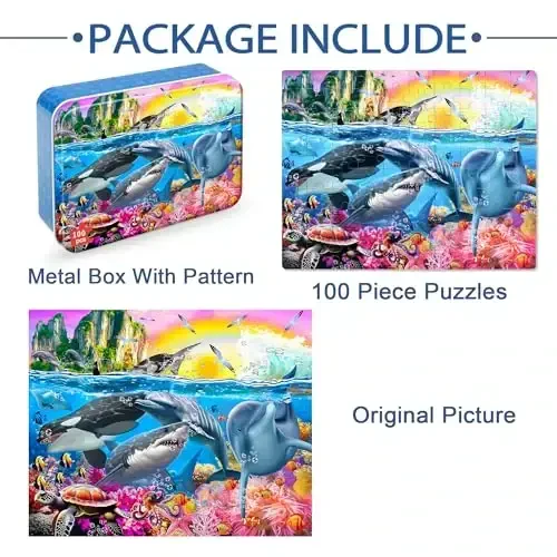 LELEMON Puzzles for Kids Ages 4-6,Underwater World 100 Piece Puzzles for Kids Ages 4-8 in a Metal Box, Educational Jigsaw Puzzles 100 Piece Puzzle Games Puzzle Toys for Girls and Boys - 7
