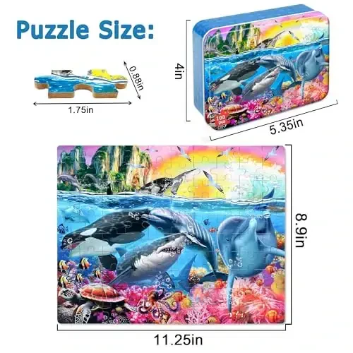 LELEMON Puzzles for Kids Ages 4-6,Underwater World 100 Piece Puzzles for Kids Ages 4-8 in a Metal Box, Educational Jigsaw Puzzles 100 Piece Puzzle Games Puzzle Toys for Girls and Boys - LELEMON (1)