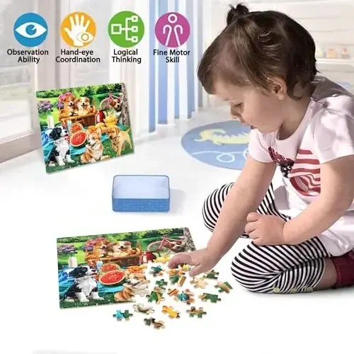 LELEMON головоломки для детей 4-6 лет, пазлы «Собаки» из 100 деталей для детей 4-8 лет в металлической коробке, развивающие пазлы из 100 деталей, головоломки, игрушки-пазлы для девочек и мальчиков - 3