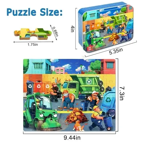 LELEMON Ocean Puzzles for Kids Ages 4-6,Recycling Garbage Truck 60 Piece Puzzles for Kids Ages 4-8,Children Jigsaw Puzzles in a Metal Box,Educational Learning Puzzle Toys for Girls and Boys - 2