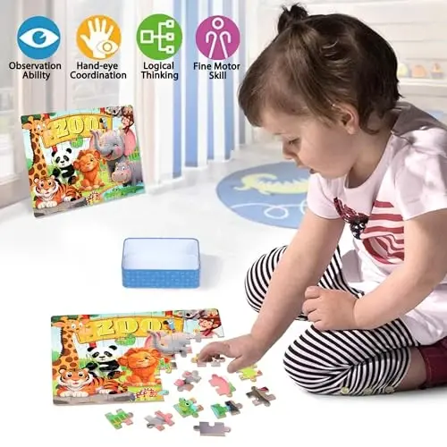 LELEMON Пазлы для детей 4-6 лет, Зоопарк Пазлы 60 деталей для детей 6-8 лет в металлической коробке, Детские пазлы, Развивающие обучающие игрушки-пазлы для девочек и мальчиков - 3