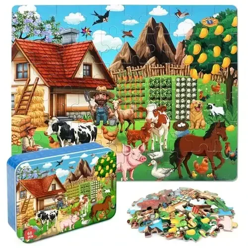 LELEMON Puzzles for Kids Ages 4-6, Farm 60 Piece Puzzles for Kids in a Metal Box, Educational Jigsaw Puzzles Childrens Puzzle Games Puzzle Toys for Girls and Boys 