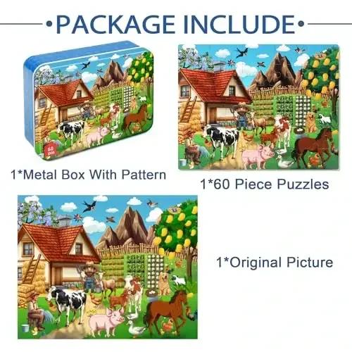 LELEMON Puzzles for Kids Ages 4-6, Farm 60 Piece Puzzles for Kids in a Metal Box, Educational Jigsaw Puzzles Childrens Puzzle Games Puzzle Toys for Girls and Boys - 7