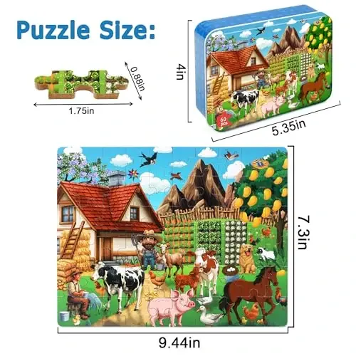 LELEMON Puzzles for Kids Ages 4-6, Farm 60 Piece Puzzles for Kids in a Metal Box, Educational Jigsaw Puzzles Childrens Puzzle Games Puzzle Toys for Girls and Boys - 2