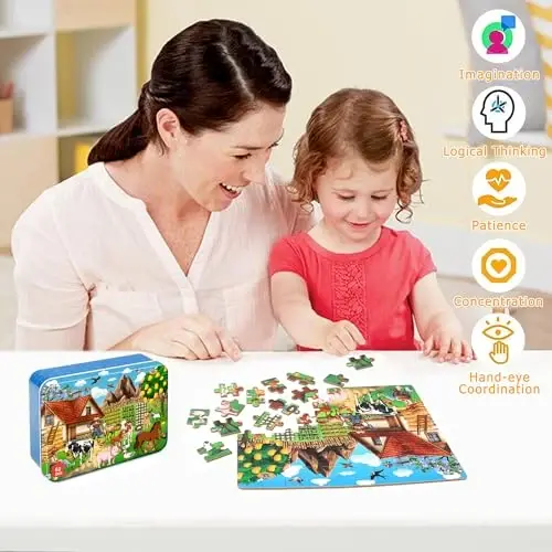 LELEMON Puzzles for Kids Ages 4-6, Farm 60 Piece Puzzles for Kids in a Metal Box, Educational Jigsaw Puzzles Childrens Puzzle Games Puzzle Toys for Girls and Boys - 3