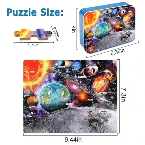 LELEMON Puzzles for Kids Ages 4-6, Space 60 Piece Puzzles for Kids Ages 3-5 in a Metal Box, Educational Jigsaw Puzzles Childrens Puzzle Games Puzzle Toys for Girls and Boys - 2