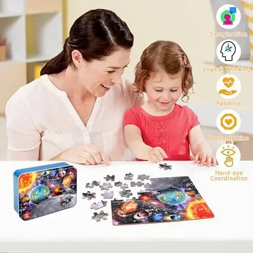 LELEMON Puzzles for Kids Ages 4-6, Space 60 Piece Puzzles for Kids Ages 3-5 in a Metal Box, Educational Jigsaw Puzzles Childrens Puzzle Games Puzzle Toys for Girls and Boys - 3