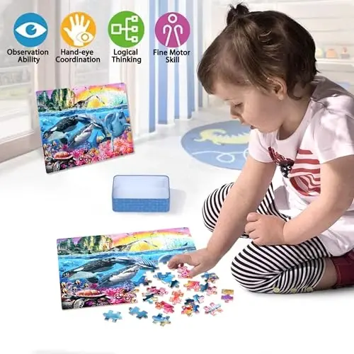 LELEMON Puzzles for Kids Ages 4-6,4-Pack 100 Piece Puzzles for Kids Ages 4-8 in a Metal Box,Dogs Donut USA Map Underwater World Educational Jigsaw Puzzles Puzzle Games Puzzle Toys for Girls and Boys - 3