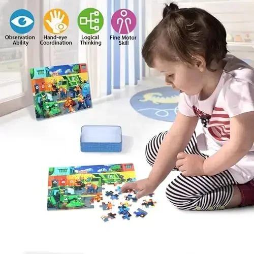 LELEMON Puzzles for Kids Ages 4-6,4-Pack Dogs Fire Fighting Garbage Truck Farm 60 Piece Puzzles for Kids Ages 4-8 in a Metal Box,Educational Jigsaw Puzzles Puzzle Games Puzzle Toys for Girls and Boys - 3