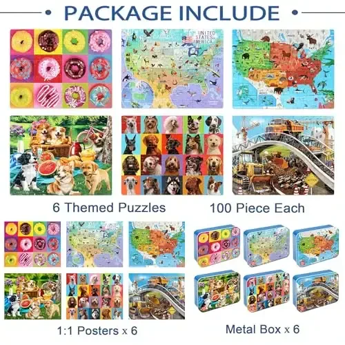 LELEMON Puzzles for Kids Ages 4-6,6 Pack 100 Piece Puzzles for Kids Ages 4-8 in a Metal Box,Educational Jigsaw Puzzles Puzzle Games Puzzle Toys for Girls and Boys - 7