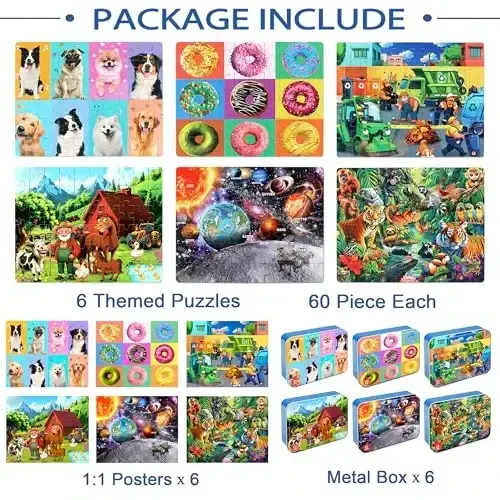 LELEMON Puzzles for Kids Ages 4-6,6 Pack 60 Piece Puzzles for Kids Ages 4-8 in a Metal Box,Educational Jigsaw Puzzles Puzzle Games Puzzle Toys for Girls and Boys - 7