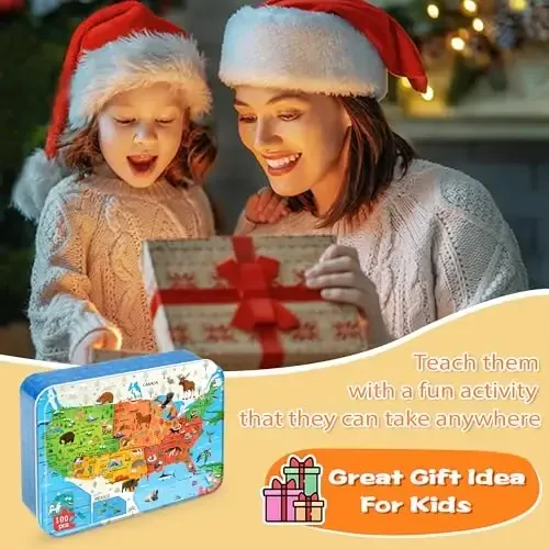 LELEMON Puzzles for Kids Ages 4-6,Animal Map 100 Piece Puzzles for Kids Ages 4-8 in a Metal Box, Educational Jigsaw Puzzles 100 Piece Puzzle Games Puzzle Toys for Girls and Boys - 7