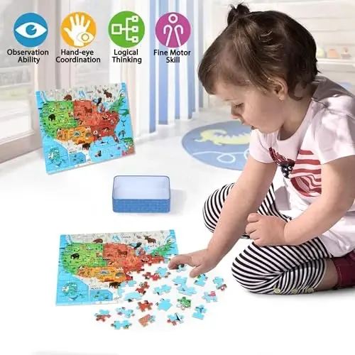 LELEMON Puzzles for Kids Ages 4-6,Animal Map 100 Piece Puzzles for Kids Ages 4-8 in a Metal Box, Educational Jigsaw Puzzles 100 Piece Puzzle Games Puzzle Toys for Girls and Boys - 3