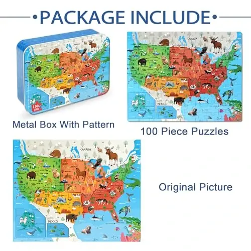 LELEMON Puzzles for Kids Ages 4-6,Animal Map 100 Piece Puzzles for Kids Ages 4-8 in a Metal Box, Educational Jigsaw Puzzles 100 Piece Puzzle Games Puzzle Toys for Girls and Boys - 6
