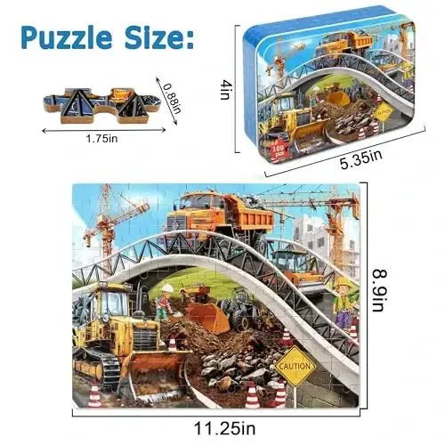 LELEMON Puzzles for Kids Ages 4-6,Construction Site 100 Piece Puzzles for Kids Ages 4-8 in a Metal Box,Educational Jigsaw Puzzles 100 Piece Puzzle Games Puzzle Toys for Girls and Boys - 2