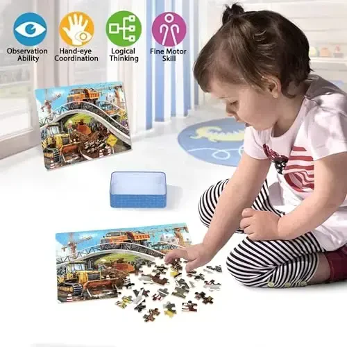LELEMON Puzzles for Kids Ages 4-6,Construction Site 100 Piece Puzzles for Kids Ages 4-8 in a Metal Box,Educational Jigsaw Puzzles 100 Piece Puzzle Games Puzzle Toys for Girls and Boys - 3