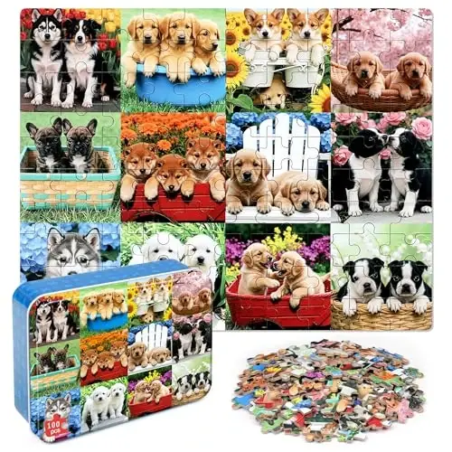 LELEMON Puzzles for Kids Ages 4-6,Cute Dogs 100 Piece Puzzles for Kids Ages 6-8 in a Metal Box,Educational Jigsaw Puzzles,Childrens 100 Piece Puzzle Games Puzzle Toys for Girls and Boys - LELEMON