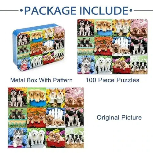 LELEMON Puzzles for Kids Ages 4-6,Cute Dogs 100 Piece Puzzles for Kids Ages 6-8 in a Metal Box,Educational Jigsaw Puzzles,Childrens 100 Piece Puzzle Games Puzzle Toys for Girls and Boys - 6