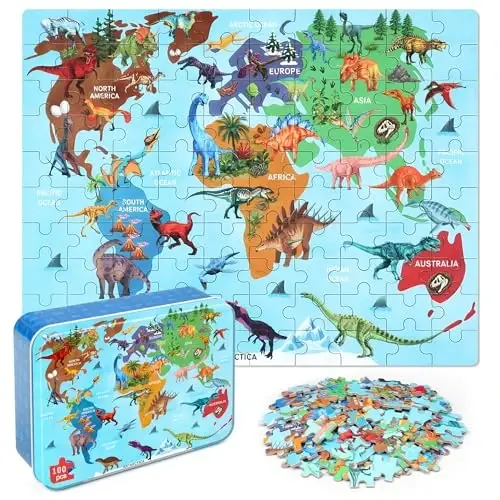 LELEMON Puzzles for Kids Ages 4-6,Dinosaur Map 100 Piece Puzzles for Kids Ages 6-8 in a Metal Box,Educational Jigsaw Puzzles,Childrens 100 Piece Puzzle Games Puzzle Toys for Girls and Boys - LELEMON