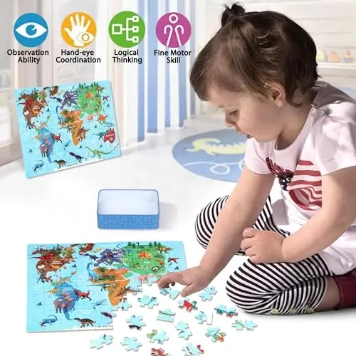 LELEMON Puzzles for Kids Ages 4-6,Dinosaur Map 100 Piece Puzzles for Kids Ages 6-8 in a Metal Box,Educational Jigsaw Puzzles,Childrens 100 Piece Puzzle Games Puzzle Toys for Girls and Boys - 3