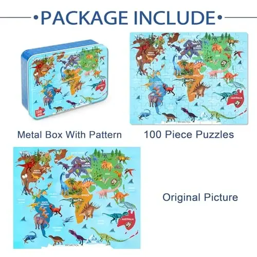 LELEMON Puzzles for Kids Ages 4-6,Dinosaur Map 100 Piece Puzzles for Kids Ages 6-8 in a Metal Box,Educational Jigsaw Puzzles,Childrens 100 Piece Puzzle Games Puzzle Toys for Girls and Boys - 6