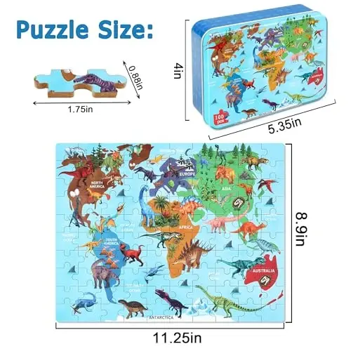 LELEMON Puzzles for Kids Ages 4-6,Dinosaur Map 100 Piece Puzzles for Kids Ages 6-8 in a Metal Box,Educational Jigsaw Puzzles,Childrens 100 Piece Puzzle Games Puzzle Toys for Girls and Boys - LELEMON (1)