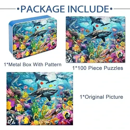 LELEMON Puzzles for Kids Ages 4-6,Underwater World 100 Piece Puzzles for Kids in a Metal Box, Educational Jigsaw Puzzles 100 Piece Puzzle Games Puzzle Toys for Girls and Boys - 7
