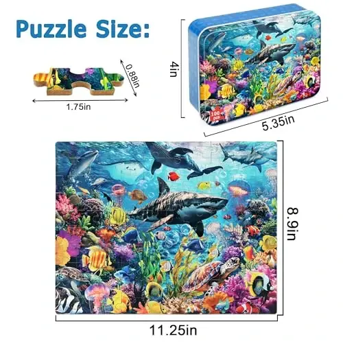 LELEMON Puzzles for Kids Ages 4-6,Underwater World 100 Piece Puzzles for Kids in a Metal Box, Educational Jigsaw Puzzles 100 Piece Puzzle Games Puzzle Toys for Girls and Boys - 2
