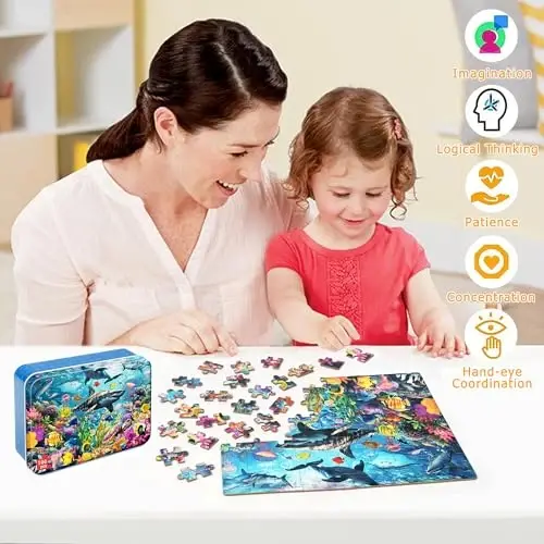 LELEMON Puzzles for Kids Ages 4-6,Underwater World 100 Piece Puzzles for Kids in a Metal Box, Educational Jigsaw Puzzles 100 Piece Puzzle Games Puzzle Toys for Girls and Boys - 3