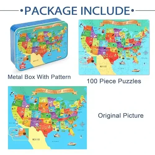LELEMON Puzzles for Kids Ages 4-6,USA Map 100 Piece Puzzles for Kids Ages 4-8 in a Metal Box,Educational Jigsaw Puzzles 100 Piece Puzzle Games Puzzle Toys for Girls and Boys - 7