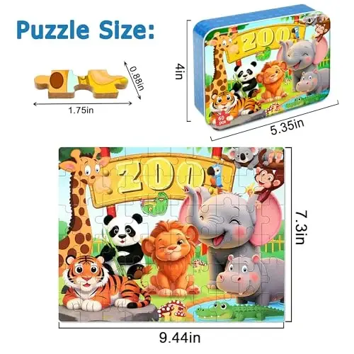 LELEMON Puzzles for Kids Ages 4-6,Zoo 60 Piece Puzzles for Kids Ages 6-8 in a Metal Box,Children Jigsaw Puzzles Kids Puzzles,Educational Learning Puzzle Toys for Girls and Boys - LELEMON (1)
