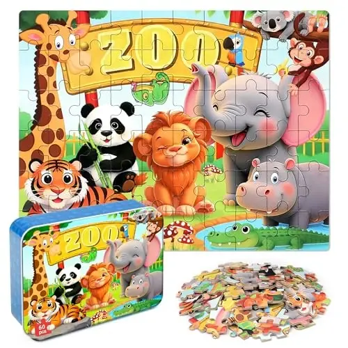 LELEMON Puzzles for Kids Ages 4-6,Zoo 60 Piece Puzzles for Kids Ages 6-8 in a Metal Box,Children Jigsaw Puzzles Kids Puzzles,Educational Learning Puzzle Toys for Girls and Boys - 1