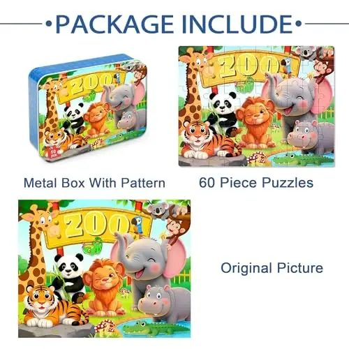 LELEMON Puzzles for Kids Ages 4-6,Zoo 60 Piece Puzzles for Kids Ages 6-8 in a Metal Box,Children Jigsaw Puzzles Kids Puzzles,Educational Learning Puzzle Toys for Girls and Boys - 6